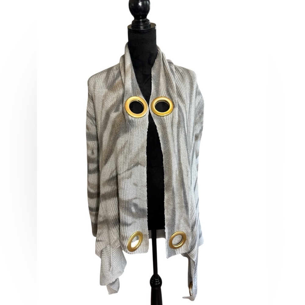 Gray Grommet Open Front Cardigan | Asymmetrical Knit Sweater Boho Style - Picture 5 of 11